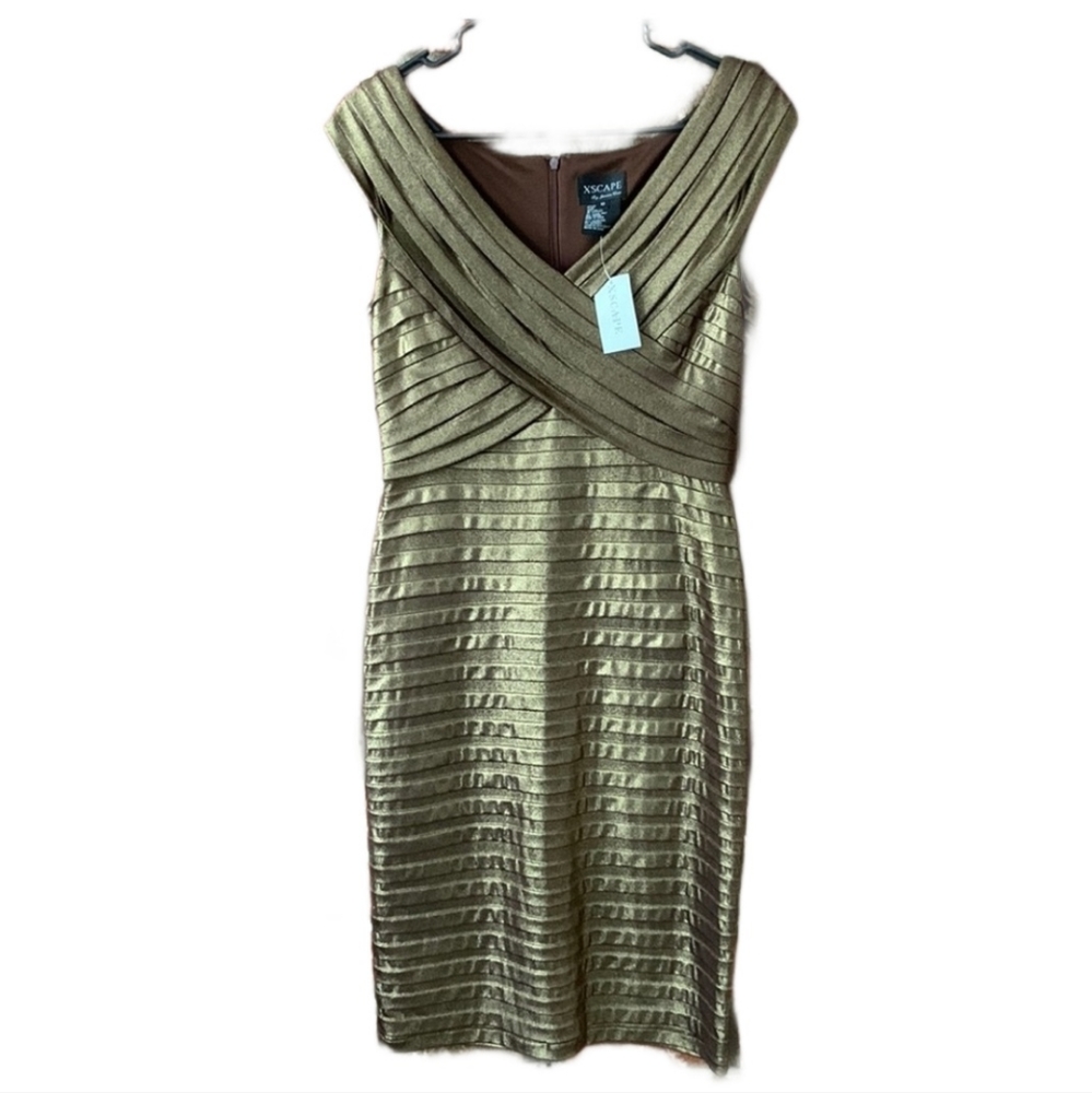 Xscape by Joanna Chen Gold Shimmer Off the Shoulder Formal Dress